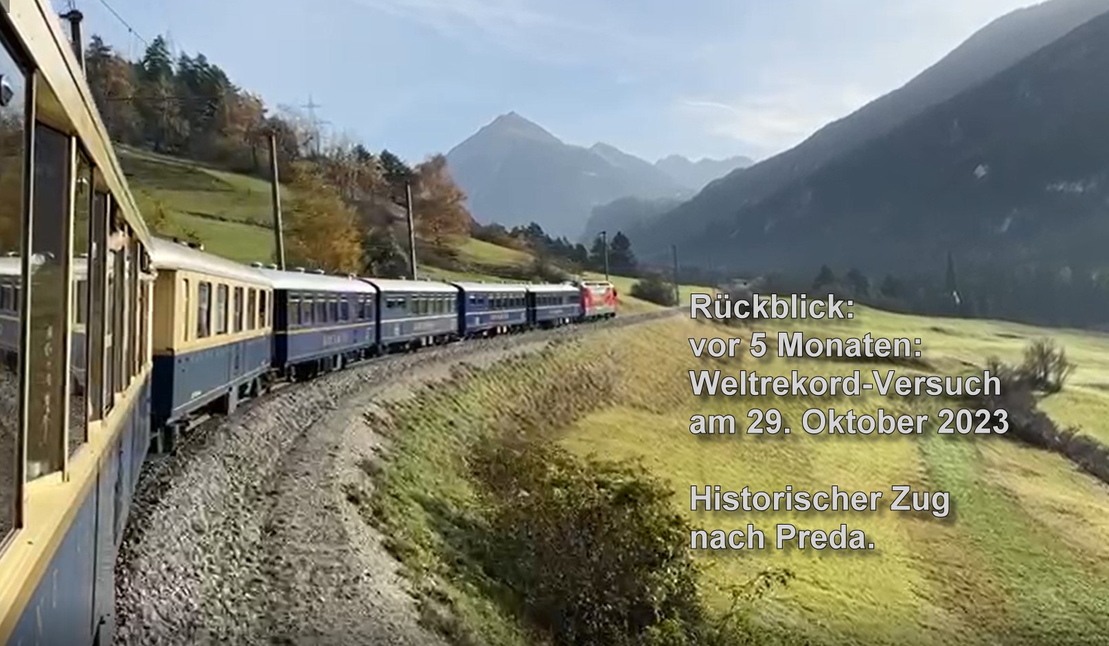 Hendrik Hauschild und LGB haben nun, nach 5 Monaten, nochmals ein VIDEO veröffentlicht. Es zeigt die Anfahrt zum "Weltrekord-Versuch" am 29. Oktober 2022 von Chur nach Preda mit der "Weltrekordlok" und den "Gourmino" Restaurant und blauen Pullmann Wagen. 