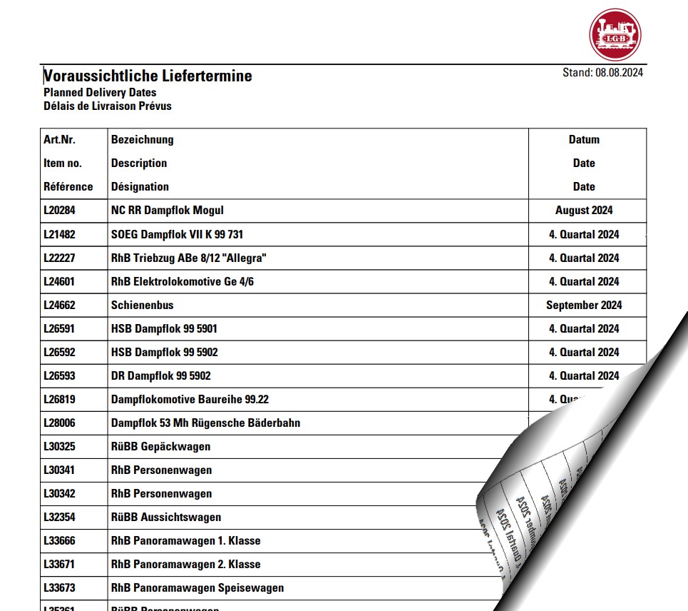 Lieferliste der Neuheiten 2023 und 2024 - ab Juli 2024