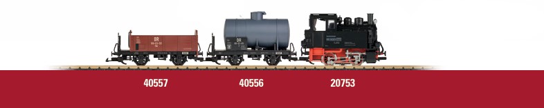 DR Ganzzug mit der Lokomotive 99 5001 - Art. Nr. 20753, dem DR Kesselwagen 40556 und dem DR Hochbordwagen 40557.