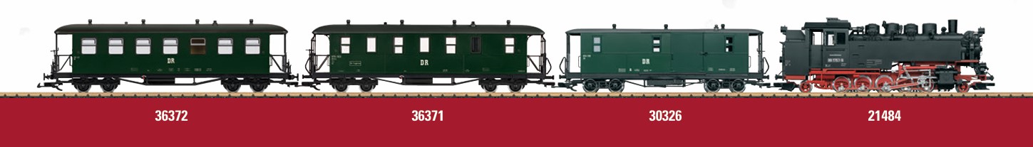DR Ganzzug mit der Lokomotive VII K - Art. Nr. 21484, dem DR Gepäckwagen 30326 und den beiden Personenwagen DR LGB Art. Nr. 36371 und 36372