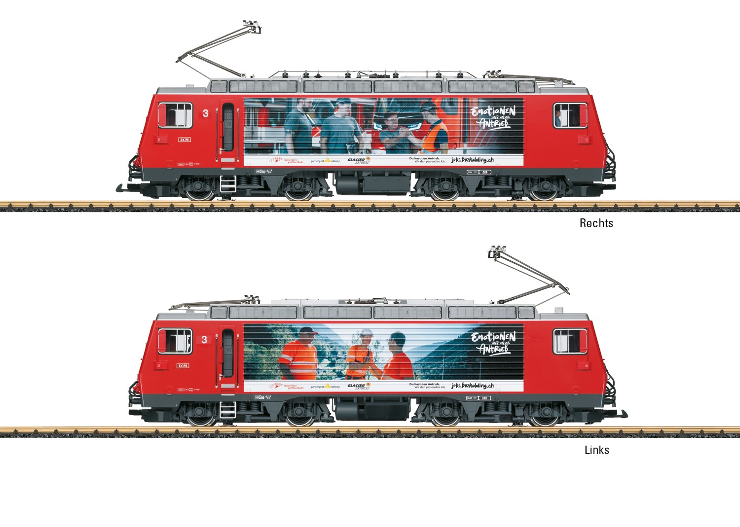 LGB Art. Nr. 23105 E-Lok Nr. 3 „DOM“ (HGe 4/4 II) „Mitarbeiterwerbung“. Zwei aufwändig bedruckte unterschiedliche Seiten!