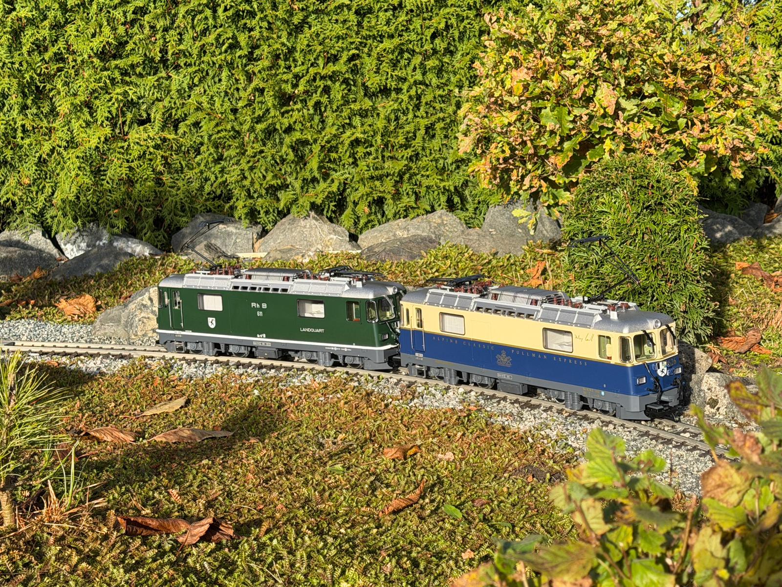 Die grüne RhB - Lok 611 „Landquart“ und die blau-beige RhB Lok 626 "Alby Glatt" sind nun in den Gärten oder auf Indooranlagen zu finden.