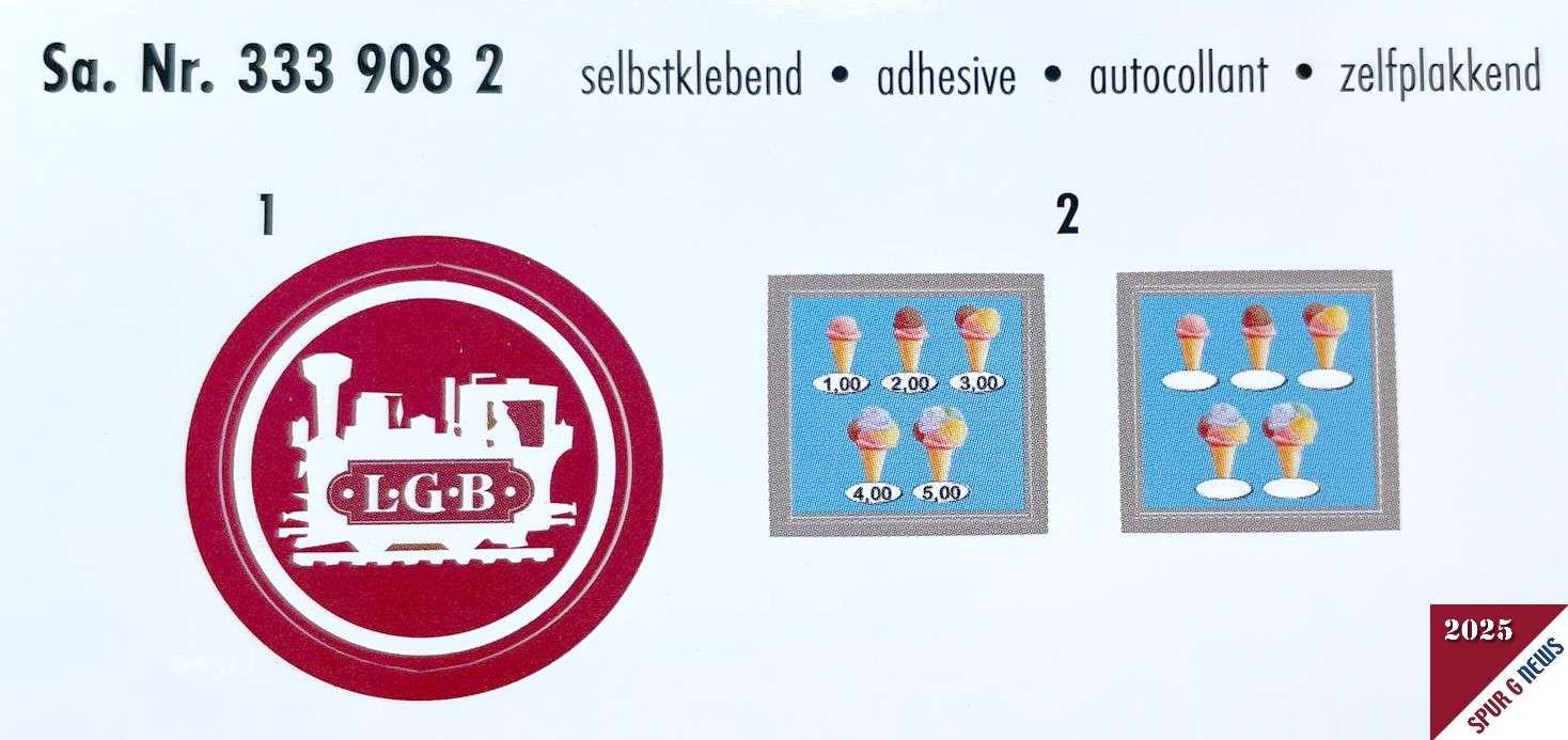 Aufkleber Set von POLA für das LGB Clubpräsent 2025. Gut zu erkennen ist das "günstige" Kugeleis. Mit dem zweiten Aufkleber kann jeder Bastler seine eigenen Preise anschreiben. (Die Kugel Eis kostet je nach Stadt und Eisdiele inzwischen 1,50 EUR bis 2,00 EUR).