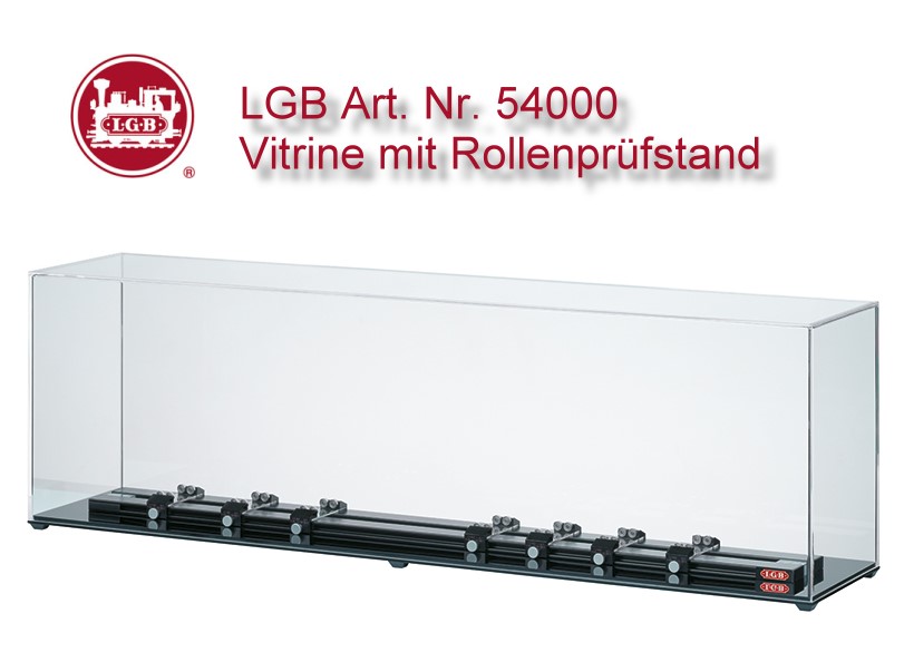 Vitrine mit Rollenprfstand. Vitrine passend zur US-Getriebe-Dampflok Bauart Shay aber auch fr andere LGB-Modelle geeignet. 7 Rollenbcke individuell verschiebbar. Vitrineninnenhhe 24 cm ab Rollenbock