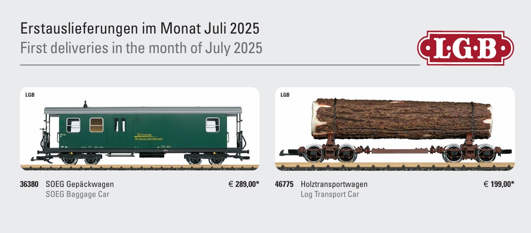 Newsletter von LGB. Diese beiden Wagen werden noch im Juli ausgeliefert. Das nachstehende Set der Coop Containerwagen ist bereits bei den Händlern.