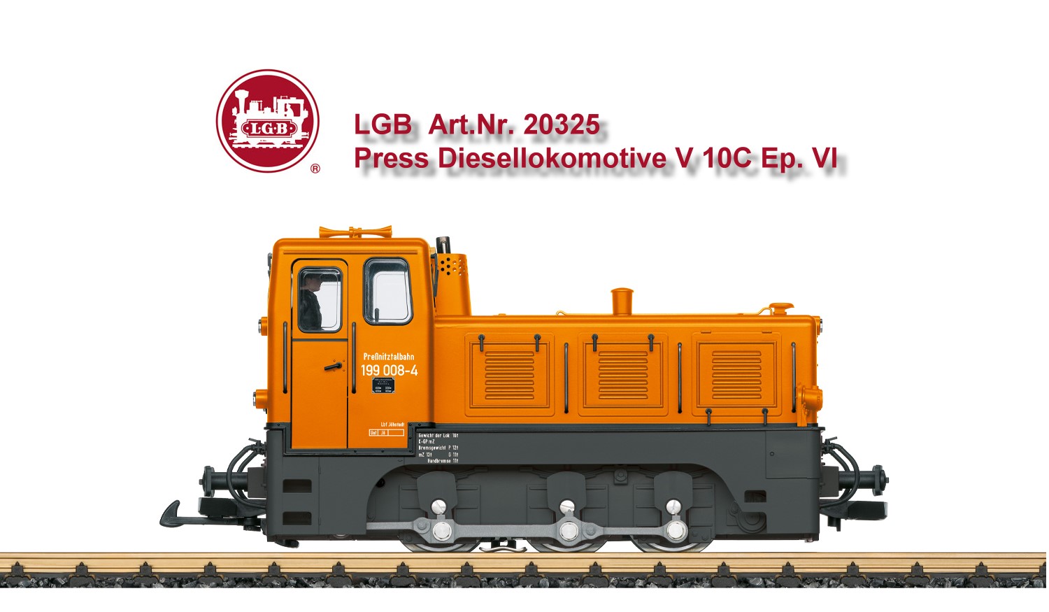 LGB Art. Nr. 20325 - Modell der Diesellok der Baureihe V 10C mit der Betriebsnummer 199 008-4. Originalgetreue Farbgebung und Beschriftung der Epoche VI, wie die Maschine aktuell in Betrieb ist. Alle Rads�tze mit einem leistungsstarken B�hler-Motor angetrieben, Haftreifen. Ausger�stet mit einem mfx/DCC-Sounddecoder mit vielen Licht- und Soundfunktionen. F�hrerstandst�ren zum �ffnen. L�nge �ber Puffer 29 cm.