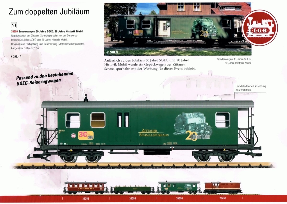 Infoblatt zum neuen Jubiläumswagen für die Zittauer Schmalspurbahn. Der Wagen von LGB wird mit den Emblemen LGB, 30 Jahre SOEG und dem großen Bild 20 Jahre Historik Mobil bedruckt.