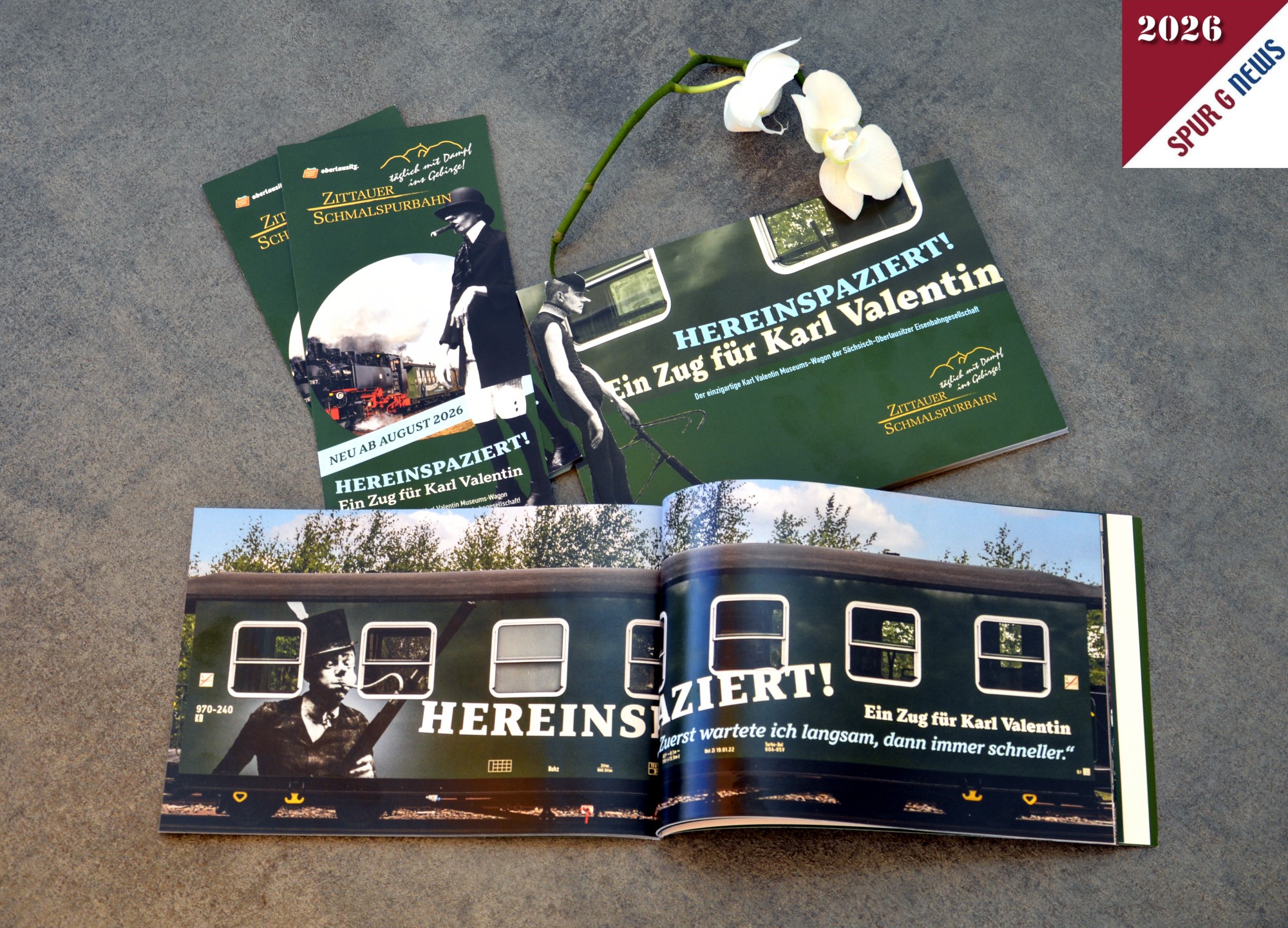 Von der Zittauer Schmalspurbahn gab es auf der Historik Mobil neben dem Flyer auch noch eine Broschüre für das rollende Karl Valentin Museum auf Schienen der SOEG. Immerhin 64 Seiten Information wie der einzigartige Karl Valentin in der Oberlausitz sein Werken neben Bahn gestaltete.