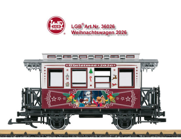 LGB Art. Nr. 36026 - Der Weihnachtswagen 2026 ist mit einem wundersch�nen Weihnachts-Motiv aufwendig bedruckt. T�ren zum �ffnen, und erg�nzt nahtlos die bisherige Reihe der LGB Weihnachtswagen. Metall-Scheibenrads�tze. L�nge �ber Puffer 30 cm.