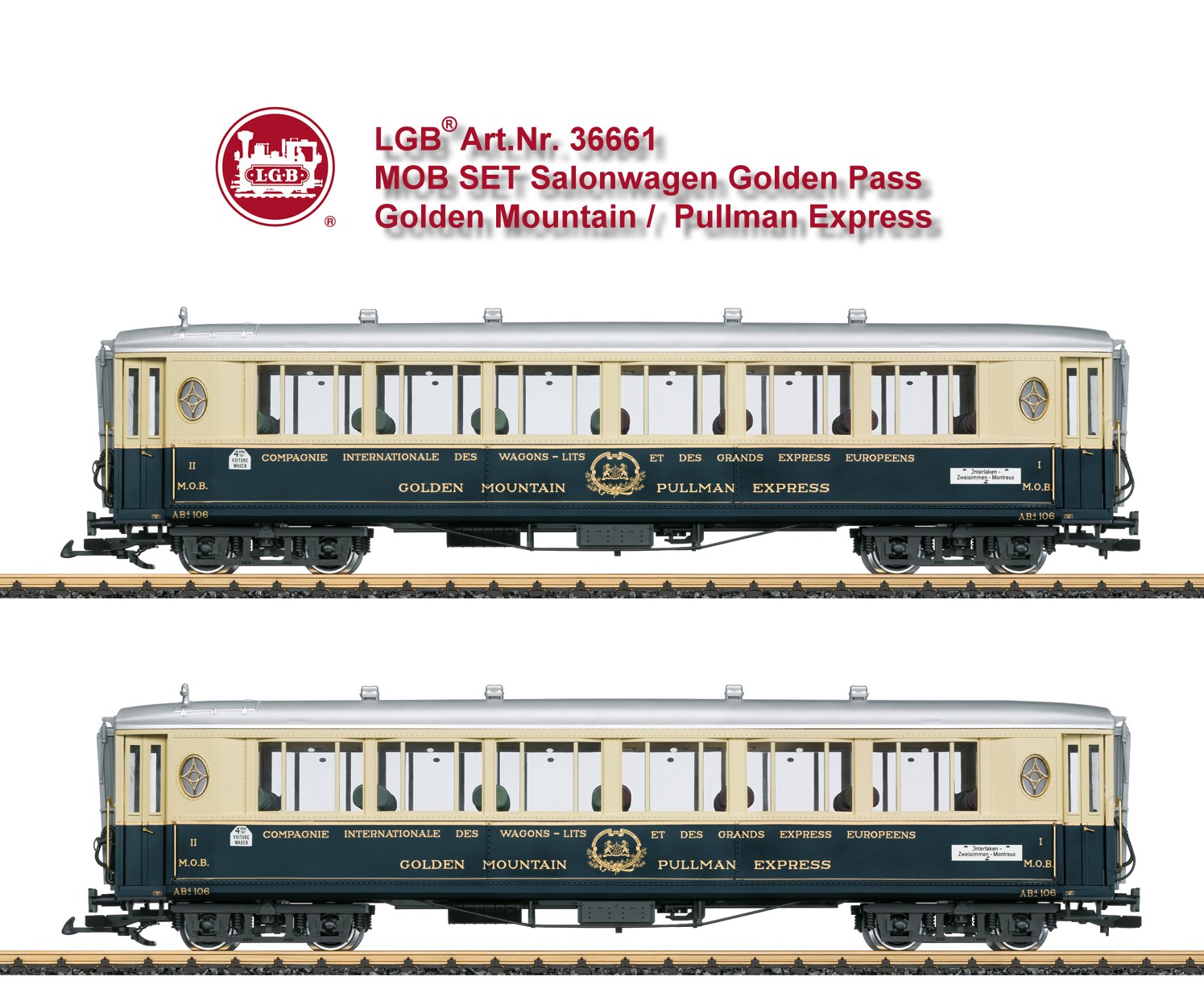 LGB Art. Nr. 36661 - Personenwagen-Set bestehend aus zwei Wagen des "Golden Mountain Pullman Express" der CIWL, wie sie bei der MOB in den 30er-Jahren im Einsatz waren. Originalgetreue Farbgebung und Beschriftung der Epoche II. Detaillierte Inneneinrichtung, Innenbeleuchtung serienm��ig eingebaut. T�ren zum �ffnen. Metallrads�tze. L�nge �ber Puffer je Wagen 66 cm.