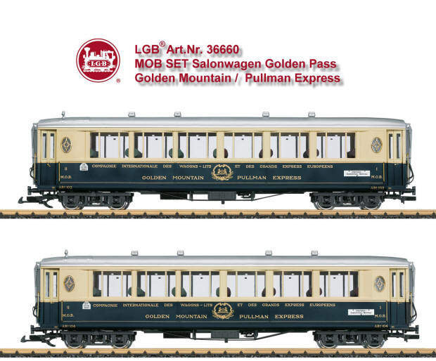LGB Art. Nr. 36660 - Personenwagen-Set bestehend aus zwei Wagen des "Golden Mountain Pullman Express" der CIWL, wie sie bei der MOB in den 30er-Jahren im Einsatz waren. Originalgetreue Farbgebung und Beschriftung der Epoche II. Detaillierte Inneneinrichtung, Innenbeleuchtung serienm��ig eingebaut. T�ren zum �ffnen. Metallrads�tze. L�nge �ber Puffer je Wagen 66 cm.