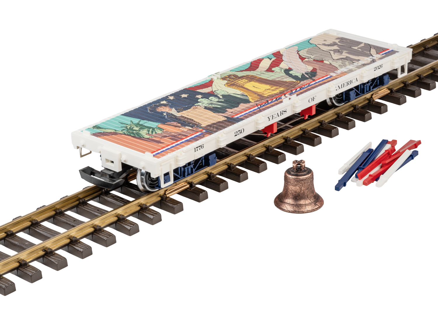 Wagen mit dem Motiv zu 250 Jahre Amerika bunt bedruckt. Unabh�ngigkeits-Glocke und die Rungen in den Farben der USA - blau-rot-wei�. 