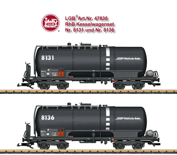LGB Art. Nr. 47835 - Kesselwagen-Set der RhB der Serie Za. Originalgetreue Farbgebung und Beschriftung der Epoche VI. Betriebsnummer Za 8131 und Za 8136. Der Kessel l�sst sich bef�llen und entleeren. Metallrads�tze. L�nge �ber Puffer pro Wagen 48 cm.
