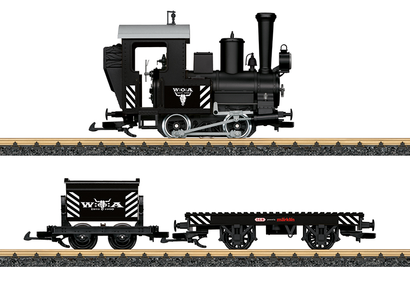 LGB Art. Nr. 70505 - Highlights - Lokomotive mit Licht, Muldenkippwagen kann beladenund entladen werden, Klemmbausteinwagen zum selber gestalten. Mit Stickerbogen 