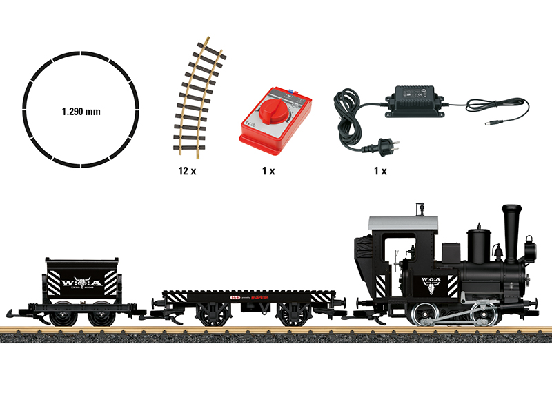 LGB Art. Nr. 70505. Dieses Startset enth�lt eine Tenderlokomotive, einen Klemmbausteinwagen und einem Kipplorenwagen, in einer fiktiven Gestaltung, passend zum Wacken Open Air (W:O:A�). Die Lok ist mit einem leistungsstarken Motor ausger�stet und verf�gt �ber ein beleuchtetes Spitzenlicht. Mit den beigelegten Stickern k�nnen die Lok und beide Wagen dekoriert werden. Das Set enth�lt zus�tzlich einen kompletten Gleiskreis, Stromversorgung f�r 230 Volt und einen Fahrregler. Zugl�nge ca. 70 cm.