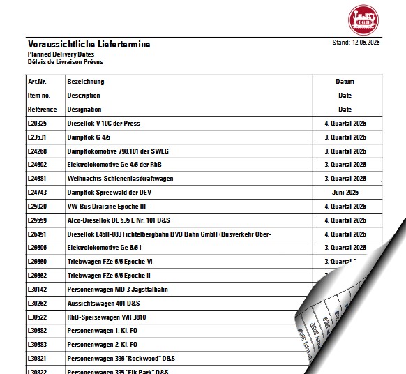 Hier k�nnen Sie die "Voraussichtlichen Liefertermine" Juni 2026 -  als Liste downloaden.