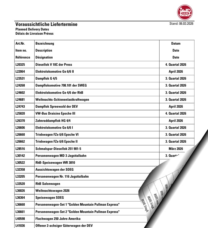 LGB Lieferterminlisten M�rz 2026 f�r Neuheiten 2025 und 2026 