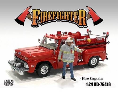 US-Feuerwerhrmann - Art. Nr. 76418 - Fire Captain - In feuerfester grauer Jacke mit gelben Streifen gibt der Feuerwehrkommandant Anweisungen an sein Team. Helm und Lampe an der Jacke gehören zur Ausstattung. 