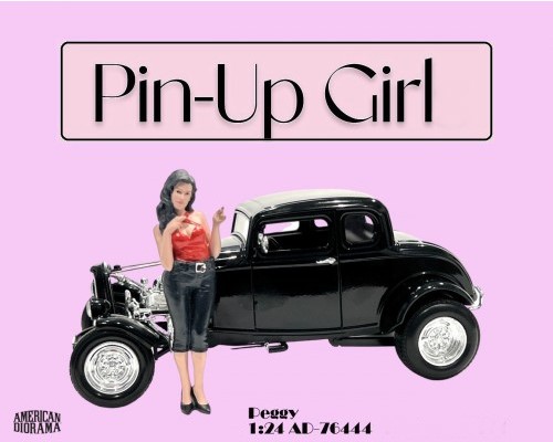 Pin-Up Girl Peggy, Art. Nr. 76444, Diesmal hat unser Pin-Up Girl eine schwarze, knielange Lackhose mit silberner Gürtelschnalle und einem roten Träger-Top an. Etwas verlegen schauen und schon ist der Look perfekt.