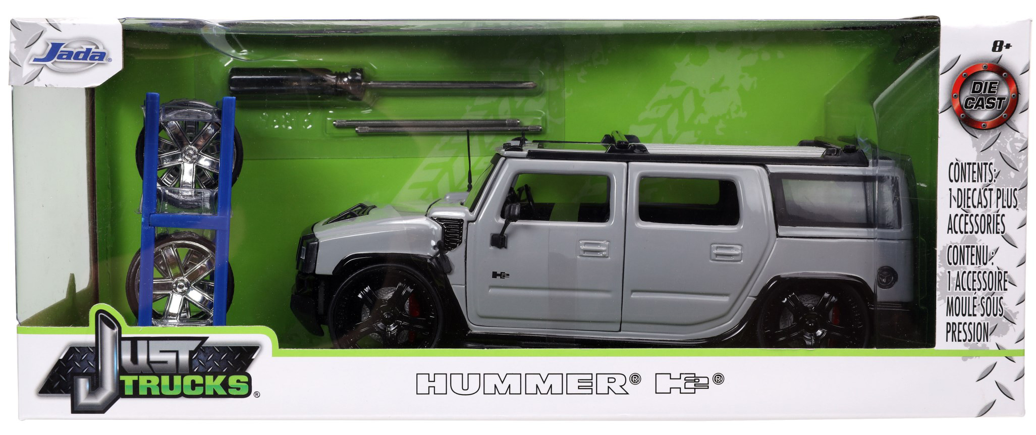 Modell eines zivilen Hummer® H2® in grau mit schwarzer Front und Anbauteilen. Auch bei diesem Modell sind Ersatzfelgen in Chromoptik sowie das Felgenregal enthalten. auch der Schraubendreher gehört zur Ausstattung. 