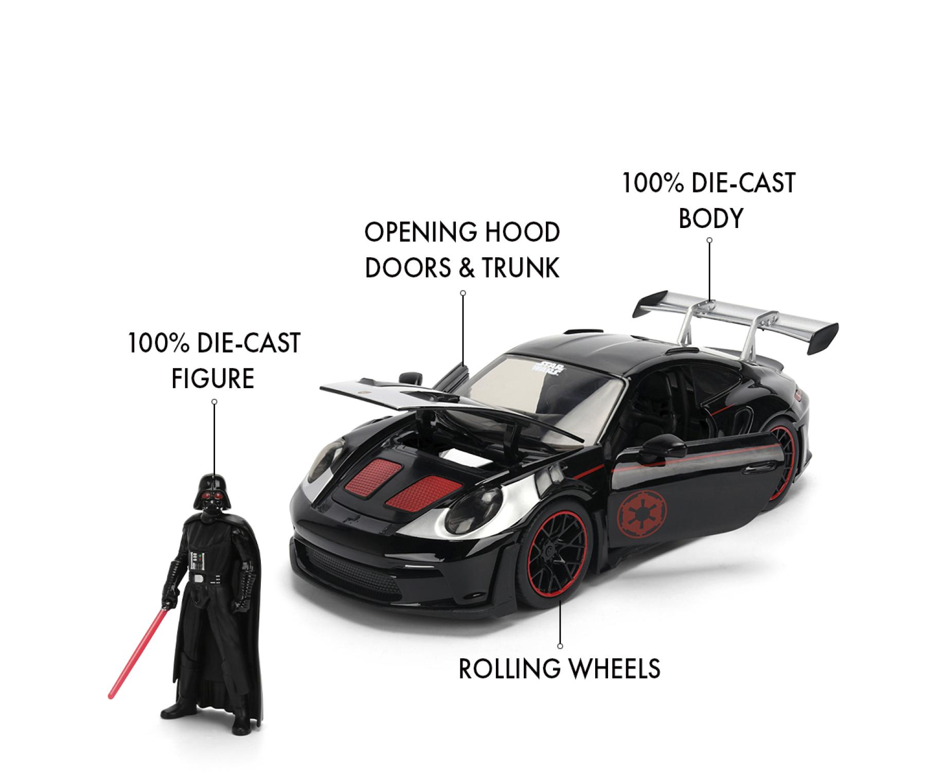 Jada Toys Star Wars Auto Porsche 911 GT3 RS Darth Vader (ca. 19 cm) � Modellfahrzeug aus Metall im Ma�stab 1:24 mit T�ren und Motorhaube zum �ffnen, inkl. Figur, f�r Sammler & Kinder ab 8 Jahren, lizenziert von Porsche