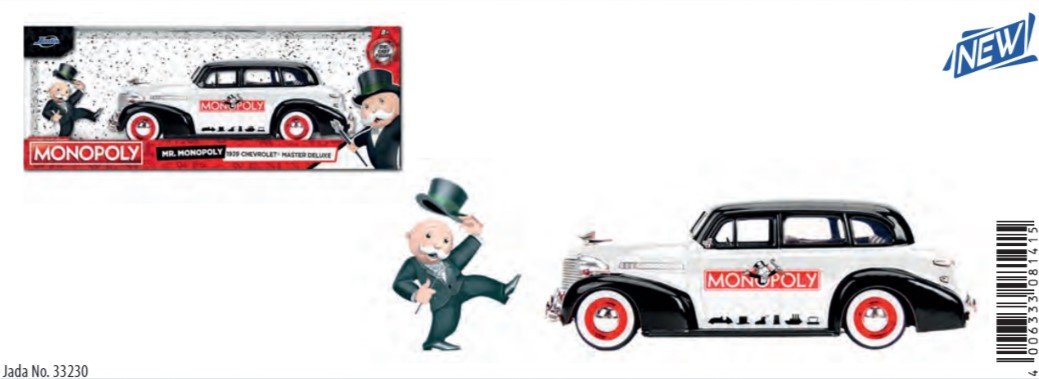 Jada - Monopoly - Chevrolet - Master Baujahr 1939 mit Monopoly Figur Uncle Pennybag in weiß/schwarz