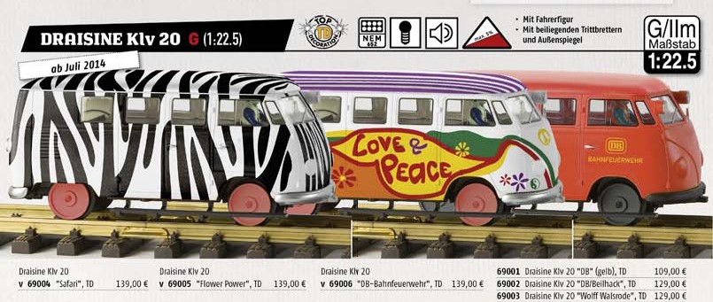 BREKINA Draisine Klv 20 für die Gartenbahn (Spur G) -Art.Nr. 69004 "SAFARI", Art.Nr. 69005 "Love&Peace" - "Flower Power", Art.Nr. 69006 "DB-Bahnfeuerwehr" - Neuheit 2014 von BREKINA Modellspielwaren GmbH