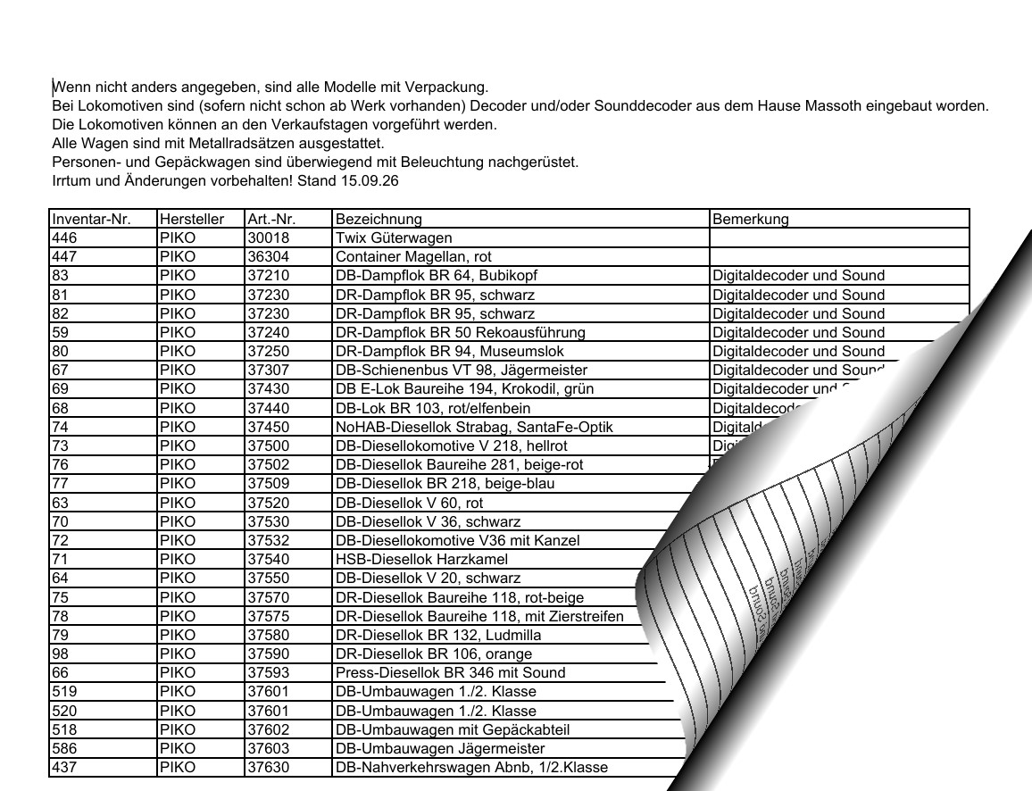 Hier geht es zur Bestandsliste PiKO (5 Seiten) die auf der Sonderverkaufsseite eingestellt ist.  Einfach anklicken! 