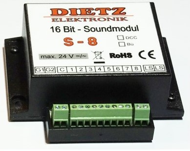 DIETZ - S8 16 Bit Soundmodul -S8 16 Bit Soundmodul DCC. Als Standardausfhrung (S8) mit 8 Sounds und Eingngen fr Taster oder mit externem Funktionsdecoder.