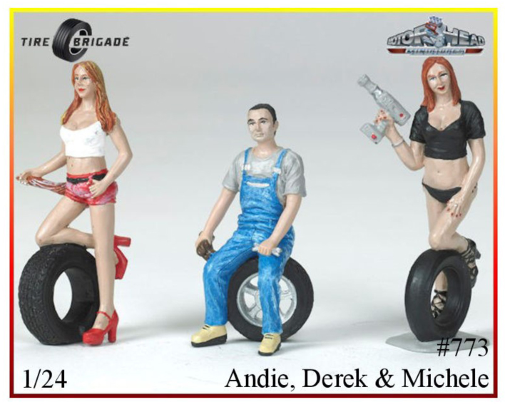 Von MotorHead unter der Ausstattung TIRE BRIGADE bietet M&D mit der Art. Nr. 773 drei Figuren aus Resin fr die Werkstatt an. Andie, Derek und Michele mit Tuch, Werkzeug und Reifen sind in der Verpackung zu haben. 