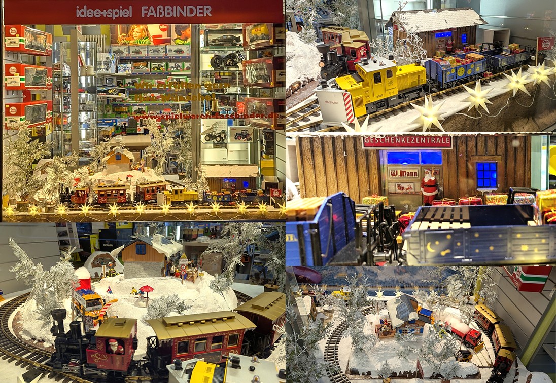 Fertig. Nun können die Besucher sich an der Anlage in Döbeln satt sehen. Beim Idee&spiel Geschäft Fassbinder sind neben der Weihnachtsstainz mit dem Personenzug noch weitere LGB Fahrzeuge zu sehen. Geschmückt mit kleinen Herrnhuter Sternen sieht das Schaufenster toll aus.