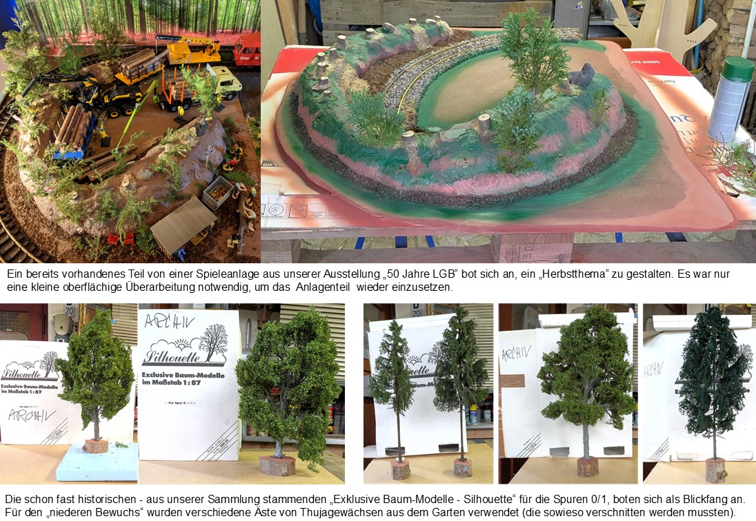 Das vorhandene Teil der Spieleanlage aus der Ausstellung "50 Jahre LGB" der Familie Franke konnte genutzt werden. Eine Umgestaltung zum "Herbsthema" war einfach und schnell ausgeführt. "Exklusive Baum-Modelle von Silhouette" für die Spuren 0/1 boten sich als Blickfang an. Äste aus Thujagewächsen wurden als niedriger Bewuchs eingsetzt.