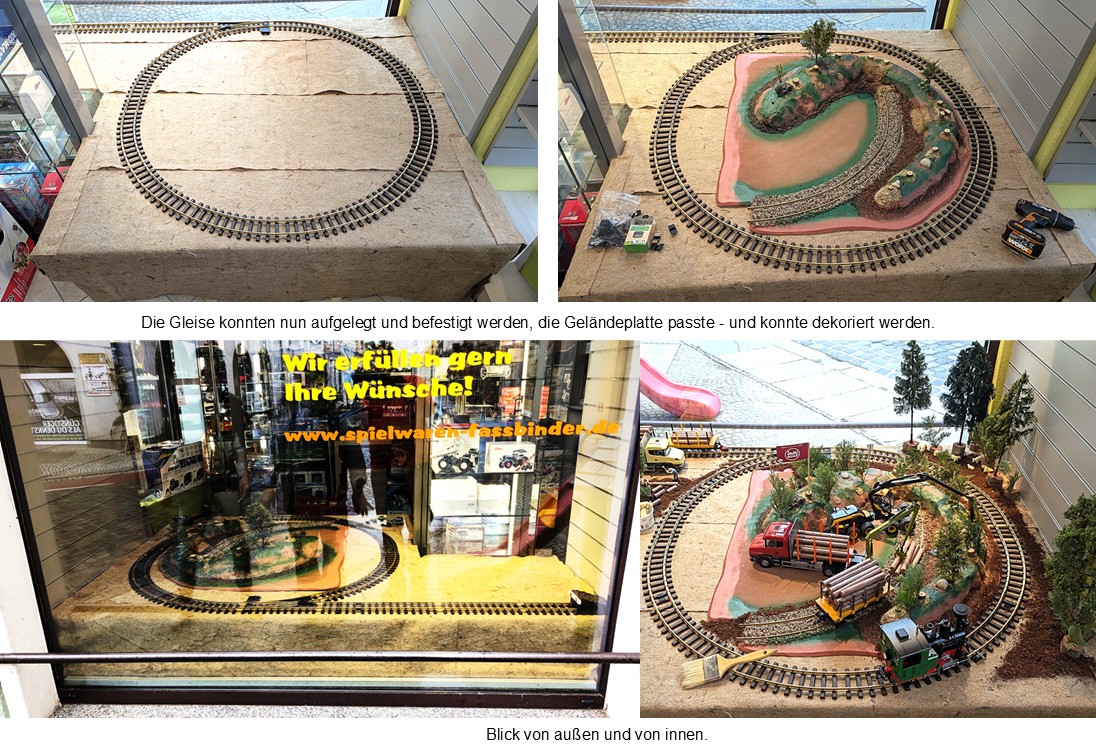 Gleise und Weichen wurden aufgelegt und befestigt. Mit der Dekoration der Geländeplatte wurde begonnen. Erste Probefahrten fanden statt.