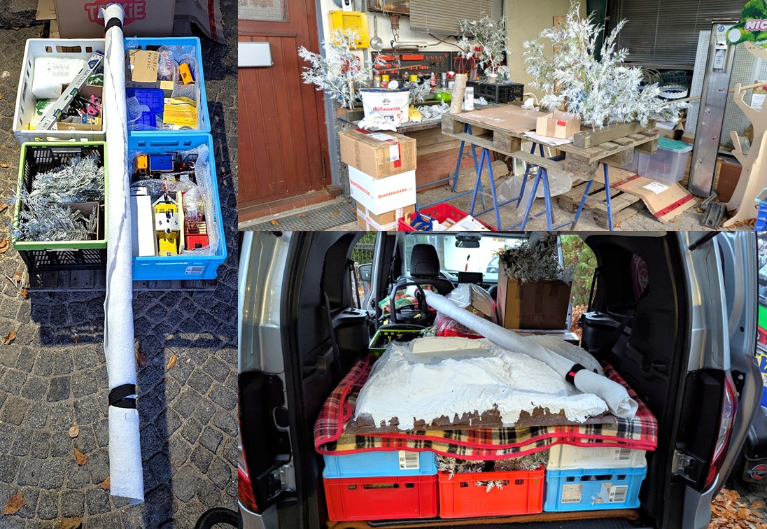 Transport von Material und Fahrzeugen für die Ausgestaltung des Schaufensters.