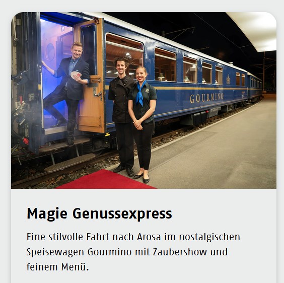 Diesen Winter verwandelt sich die Arosalinie in eine Bühne für Magie und Genuss. Steigen Sie in die nostalgischen Wagen ein und lassen Sie sich kulinarisch verwöhnen. Am Ziel wartet ein ganz besonderes Highlight: eine Zaubershow im Bahnhofsgebäude Arosa, die alle gleichermaßen begeistert.