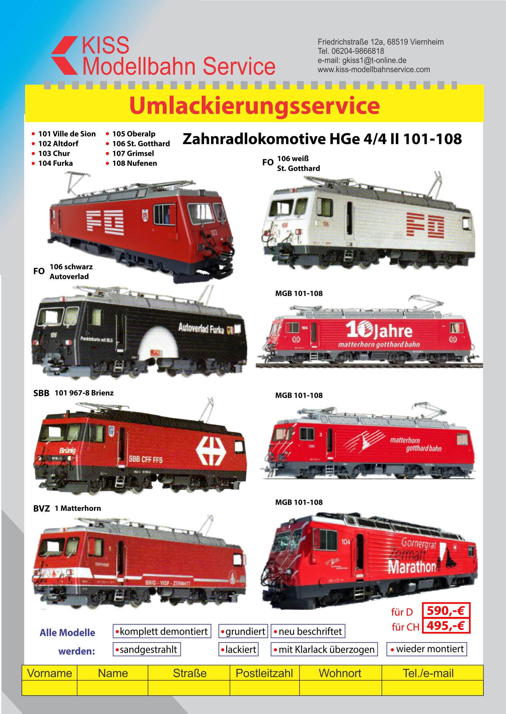 Informationen über den Umlackierservice von KISS Modellbahn Serv ice. Flyer kann am Ende des Berichts herunter geladen werden.
