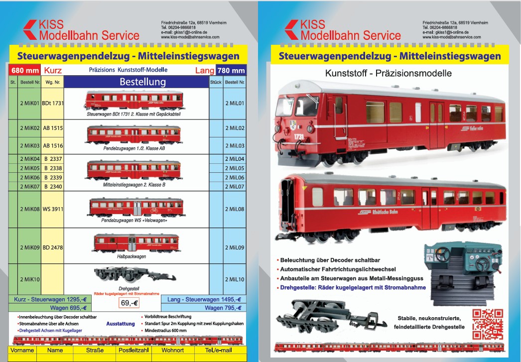 Ein Klick auf das Bild und der 8seitige Flyer von KISS Modellbahn Service kann herunter geladen werden. auch die Seite mit der Kooperation - Gartenbahn Trainmen.fun mit KISS Modellbahn Service, Spur II m, CICOmodell italia ist dabei.