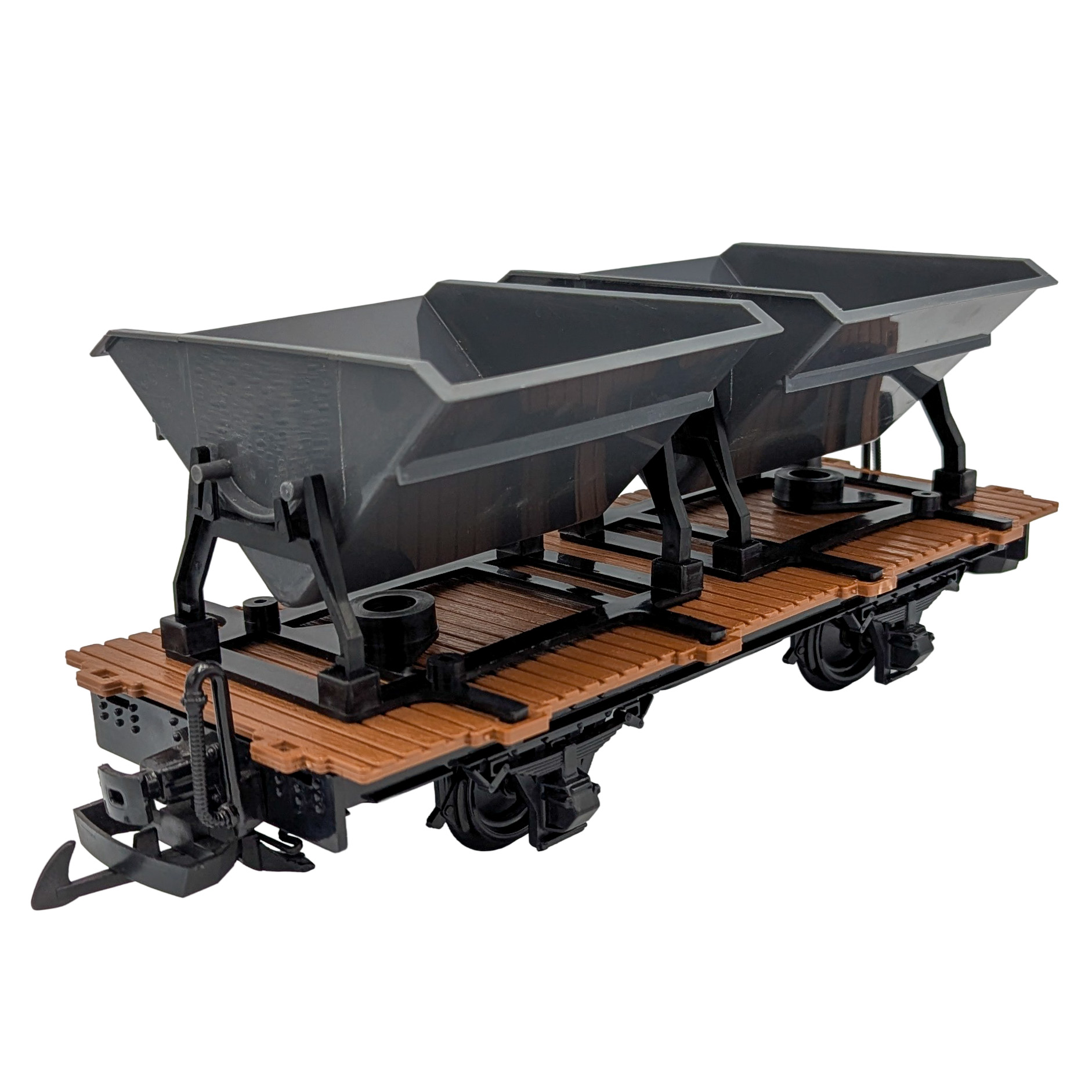 Flachwagen mit Tr�ger f�r die bekannten Kipploren. Hier zwei Kipploren in grau.