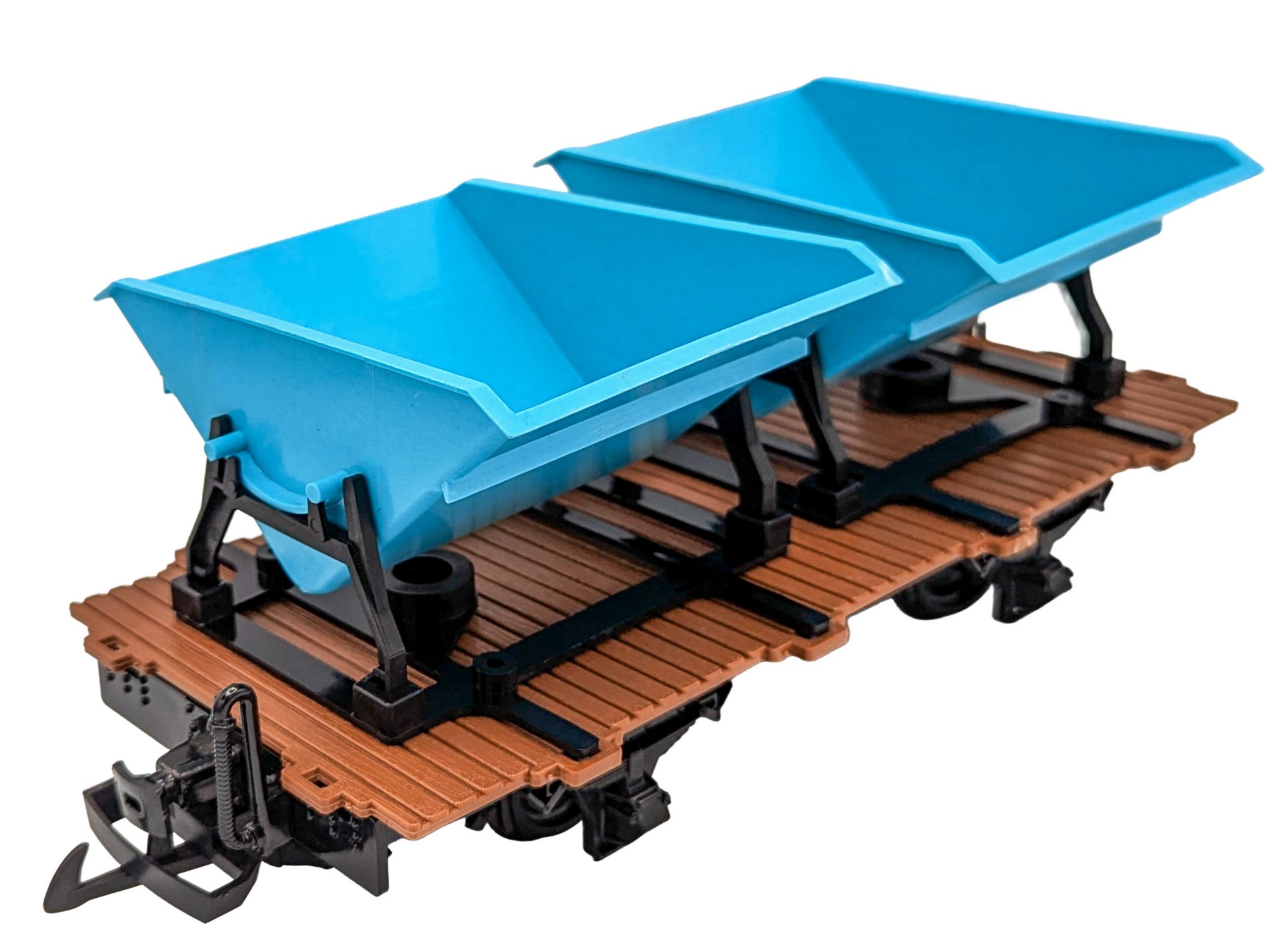 Flachwagen mit Tr�ger f�r die bekannten Kipploren. Hier zwei Kipploren in hellgr�n. 