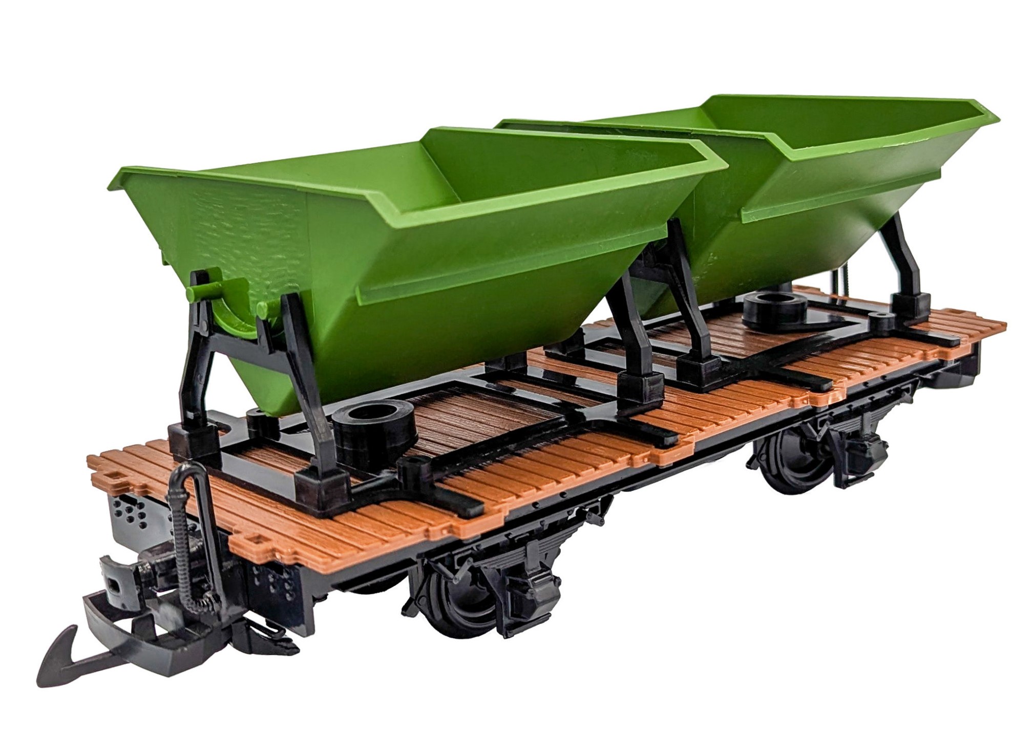 Flachwagen mit Tr�ger f�r die bekannten Kipploren. Hier zwei Kipploren in hellgr�n. 