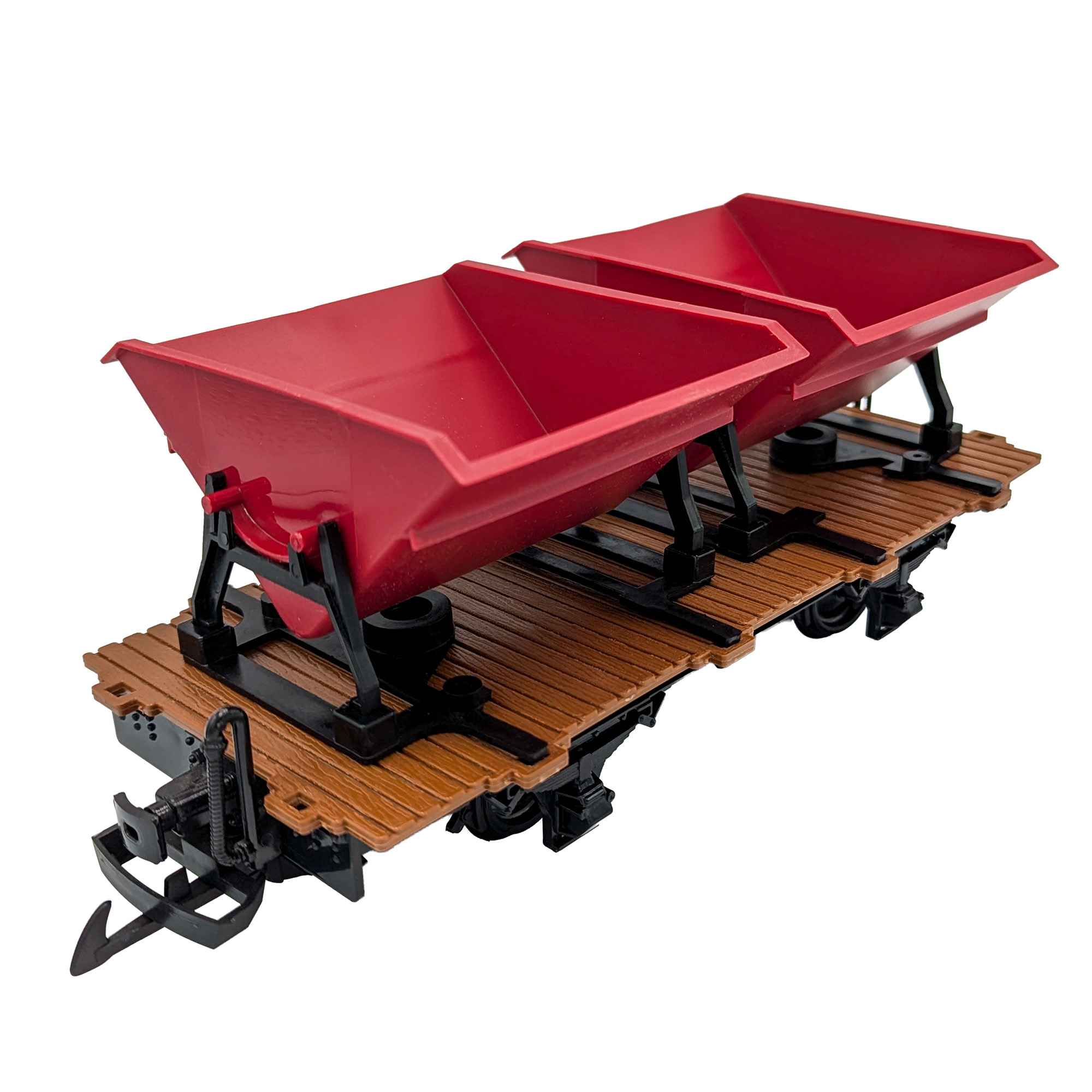 Flachwagen mit Tr�ger f�r die bekannten Kipploren. Hier zwei Kipploren in rot.