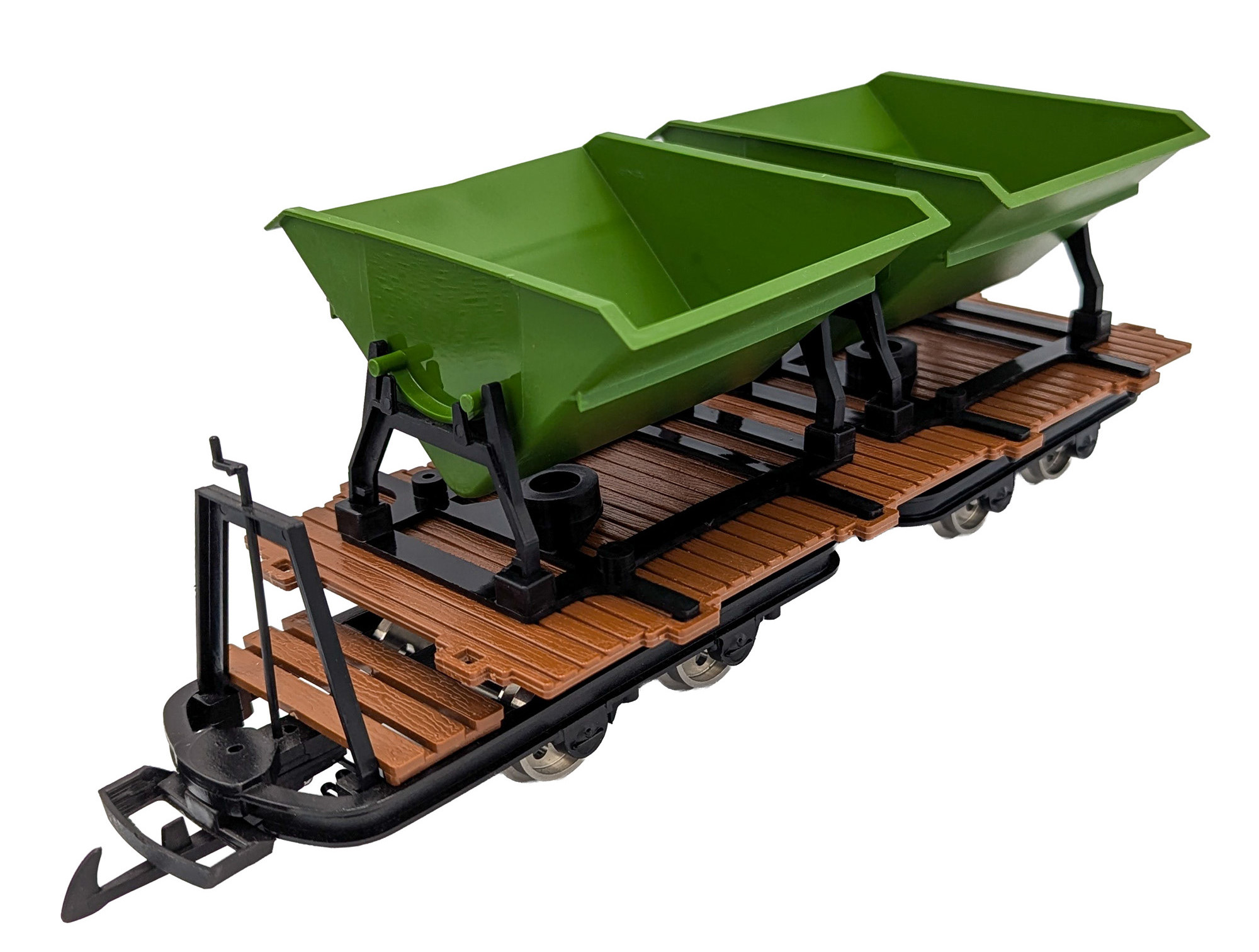 Art. Nr. 0177g - mXion Feldbahnflachwagen - 4achsig - mit zwei Kipploren - hellgruen - UVP 120 EUR