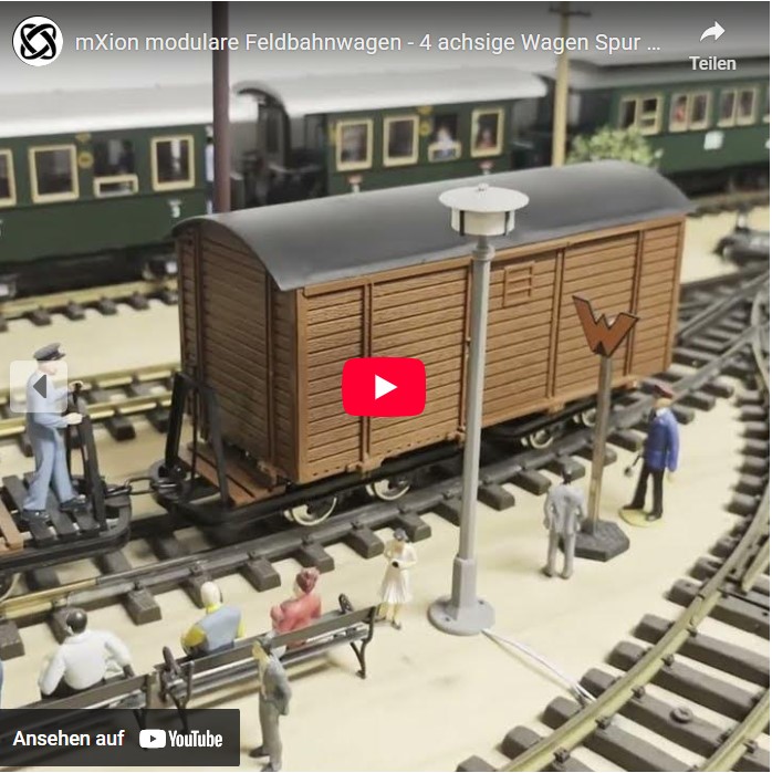 mXion Feldbahnwagen 4achsig, modular aufgebaut mit w�hlbaren Aufbauten. Auf das Bild klicken und das Video auf dem YouTube Kanal ansehen!  