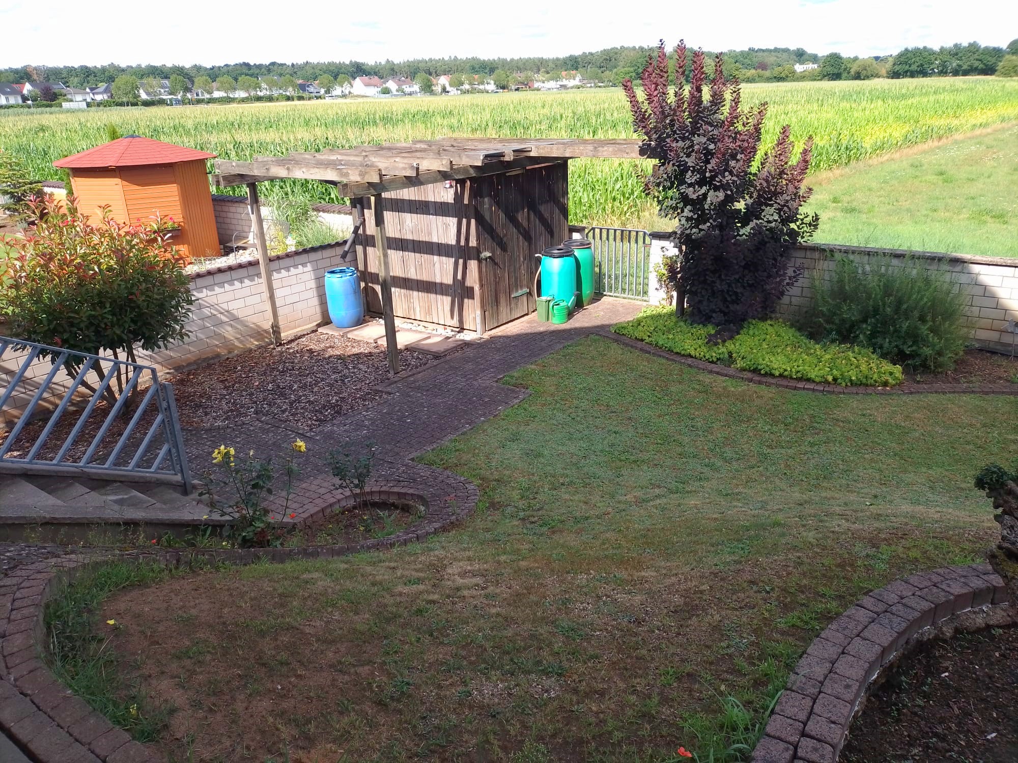 Der Garten vorher.  Mit Hang und Gr�nfl�che. Auch das Gartenhaus ist bereits gewichen. Dort soll die Anlage mit Bahnhof hinkommen!  