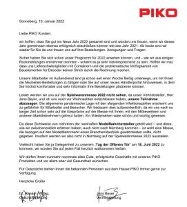 Originalbrief von PIKO für die Absage der Teilnahme an  der Spielwarnmesse 2022. 