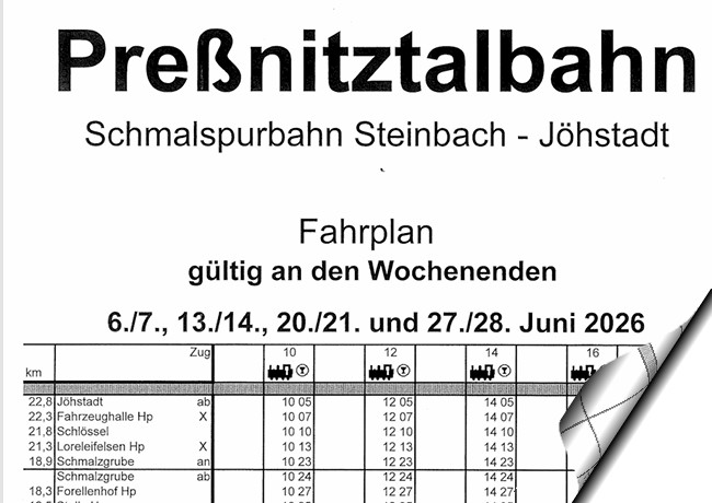 F�r den Fahrplan an den genannten Wochenenden bei der Pre�nitztalbahn bitte auf das Bild klicken und das pdf downloaden. �ffnet in neuem Fenster! 