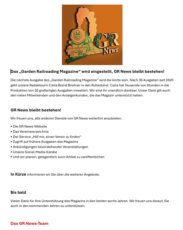 Garden Railroading Magazin wird eingestellt! Garden Railroading News bleibt bestehen! 