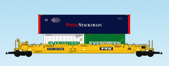 USA Trains : Art. Nr. 17101-  48 Fu Containertragwagen TTX, gelbe Ausfhrung, drei Container