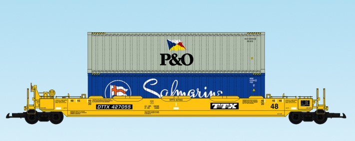 USA Trains : Art. Nr. 17102-  48 Fu Containertragwagen TTX, gelbe Ausfhrung, zwei Container