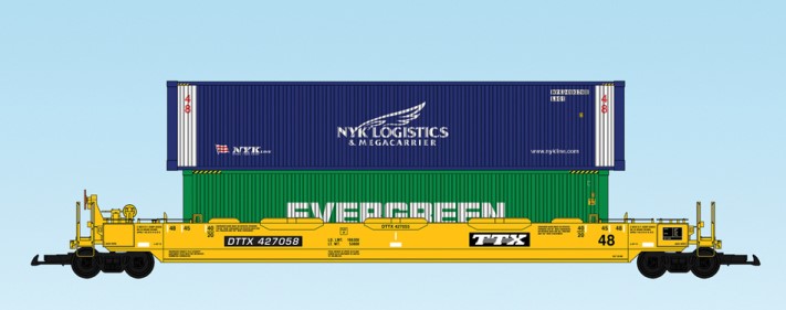 USA Trains : Art. Nr. 17103-  48 Fu Containertragwagen TTX, gelbe Ausfhrung, zwei Container